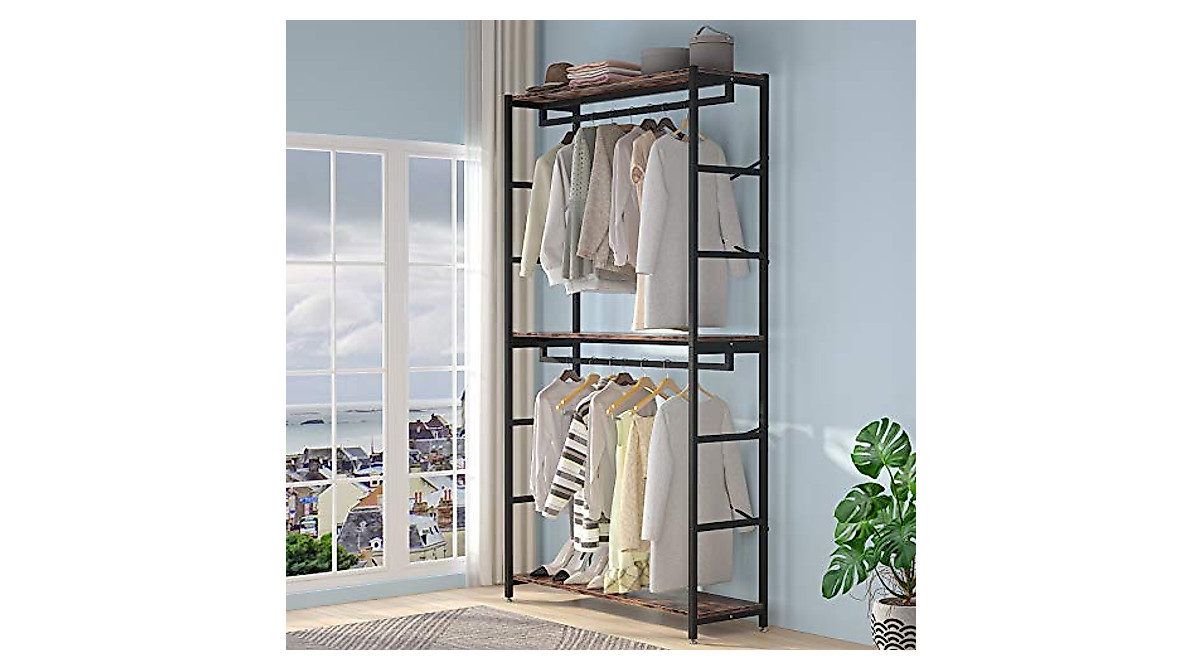 Tribesigns Closet Organizer with 3 Shelves & 2 Rods