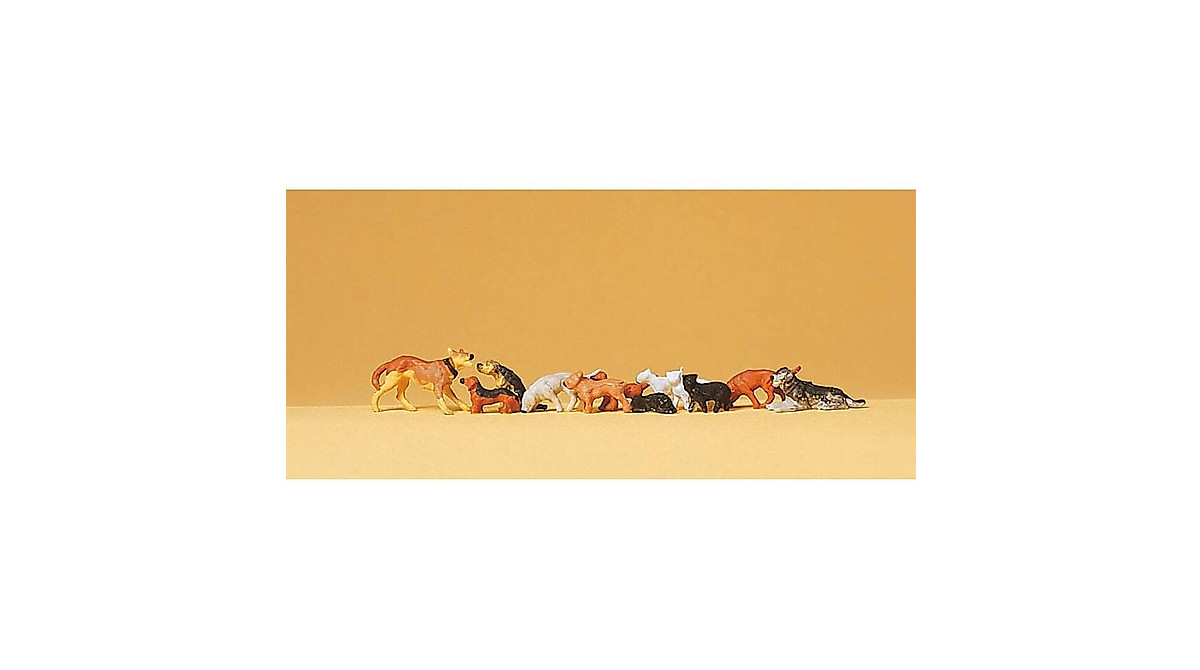 Preiser HO Scale Dogs & Cats Figurine Set - Realistic Miniatures
