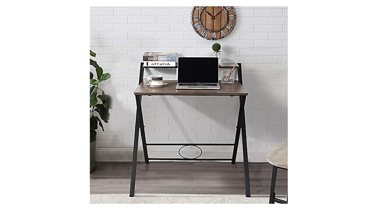 Folding Desk - Compact 2 Tier Computer Table, Rustic Brown