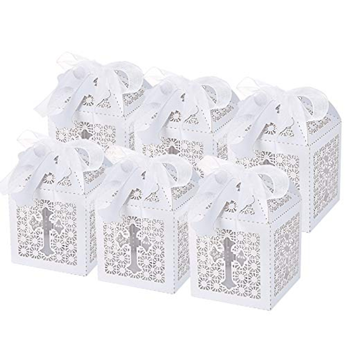 LEMESO 50 Elegant Baptism Favor Boxes with Ribbons & Cross Tags