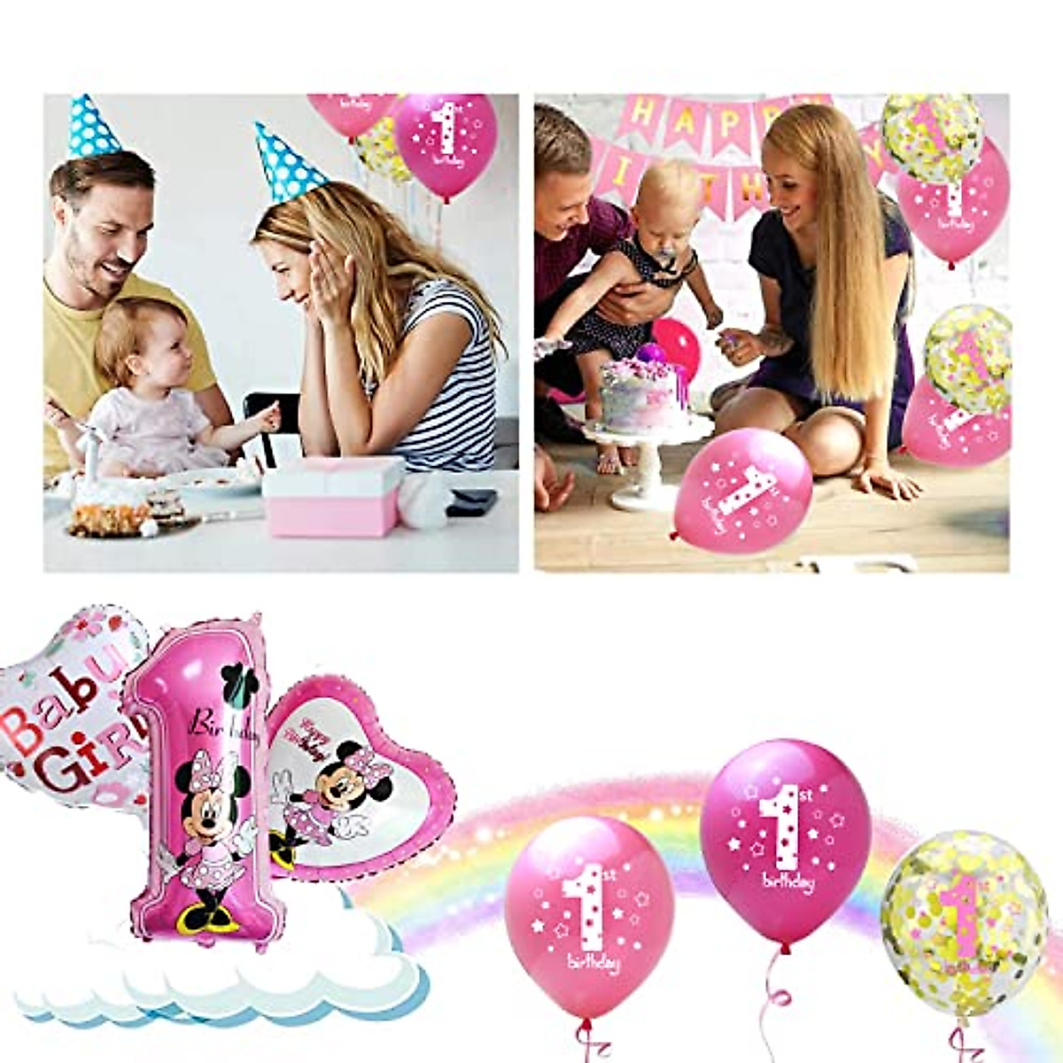 Pink 1st Birthday Balloons Set for Girl - Cute Mouse & Number 1 Decor