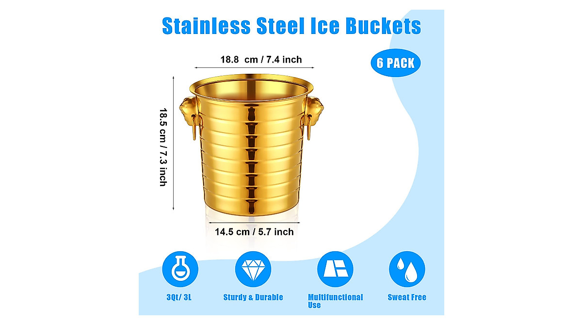 Pinkunn 6 Pack Gold Stainless Steel Champagne Buckets - 3 Qt Ice Set