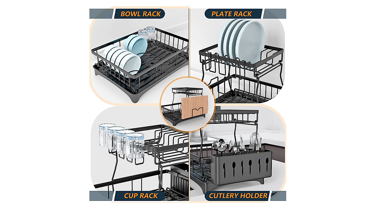 FUNNy elf Large 2-Tier Dish Drying Rack - Rust-Proof Kitchen