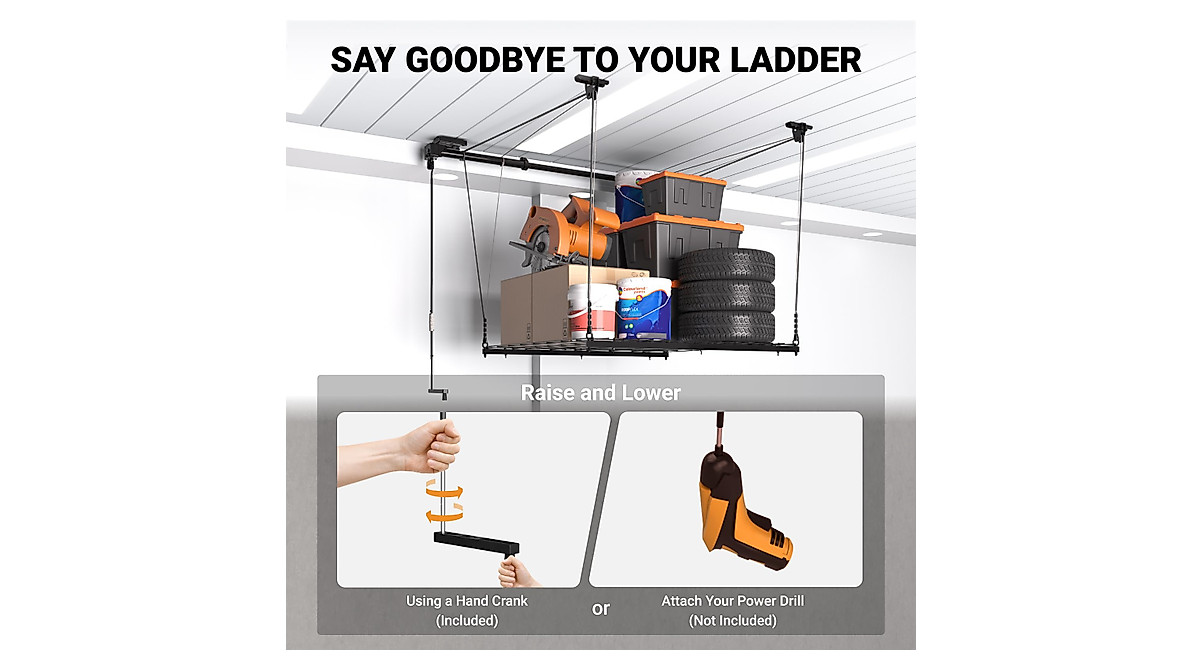 eShelf Overhead Garage Storage Rack - Heavy Duty & Easy Lift