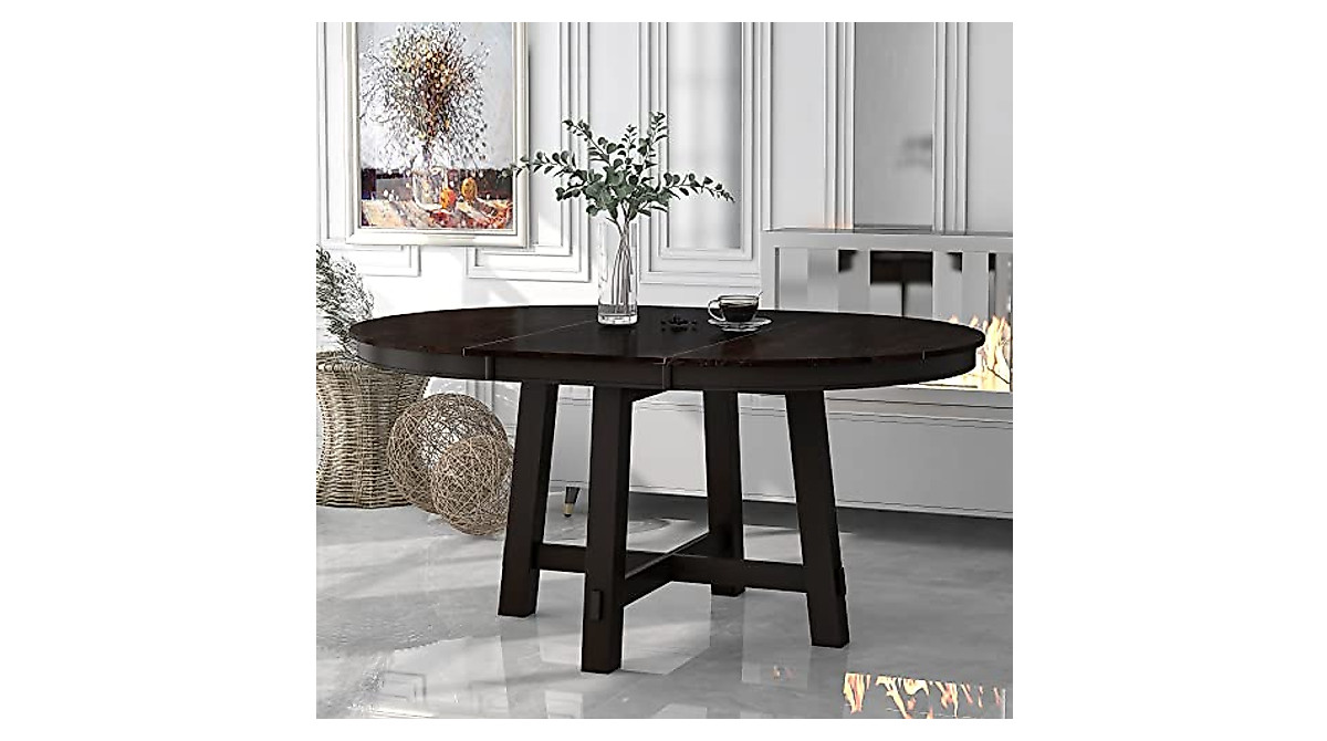 XD Designs Farmhouse Round Extendable Dining Table | Modern Wood Table