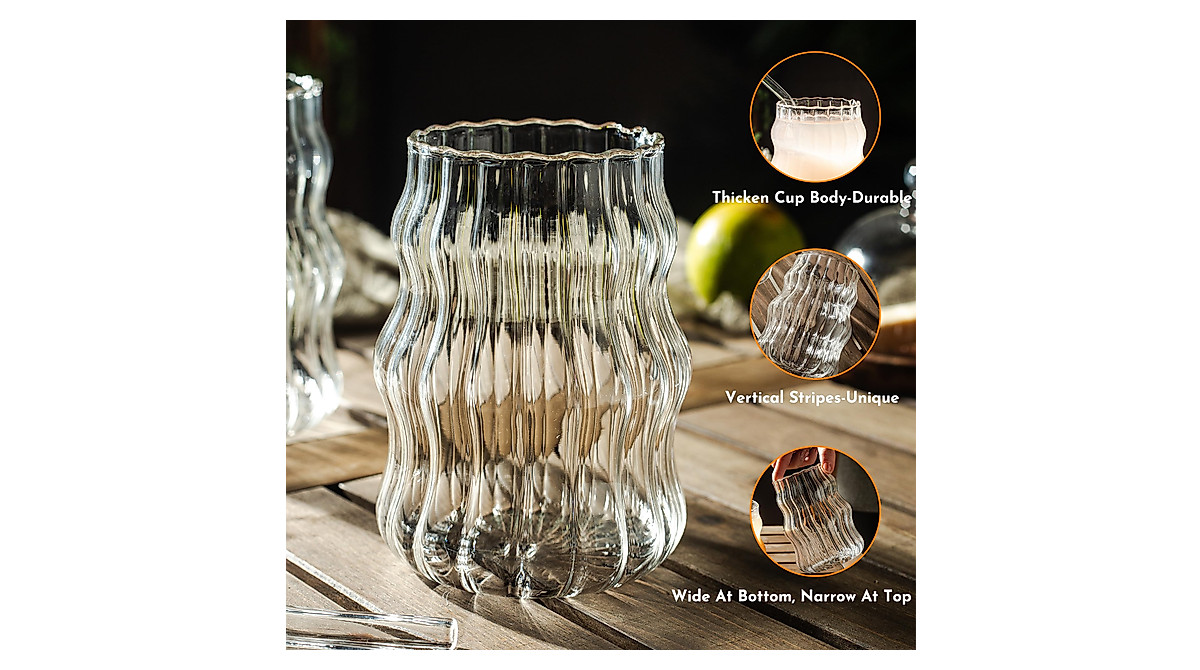 Ribbed Glass Cups Set with Lids & Straws - 18oz