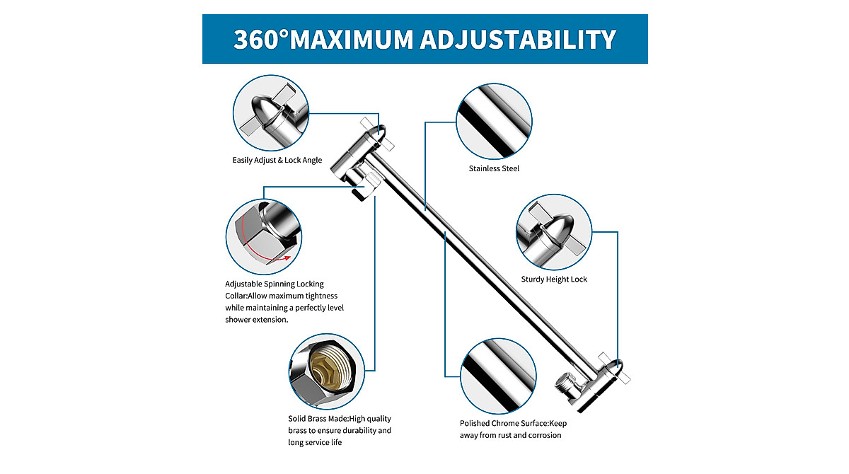 Brass Adjustable Shower Head Extension Arm - Flexible & Durable