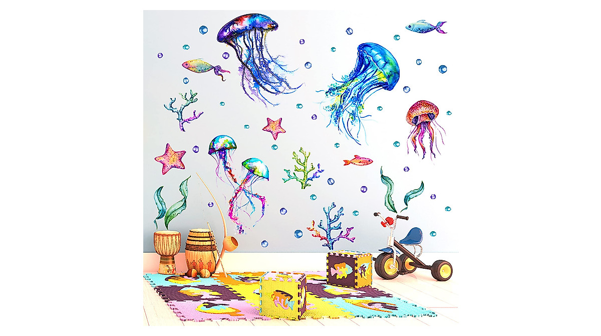 Creative Under The Sea Wall Decal Set - Jellyfish, Starfish, Coral Watercolor Stickers, Removable Nursery & Kids Room Decor