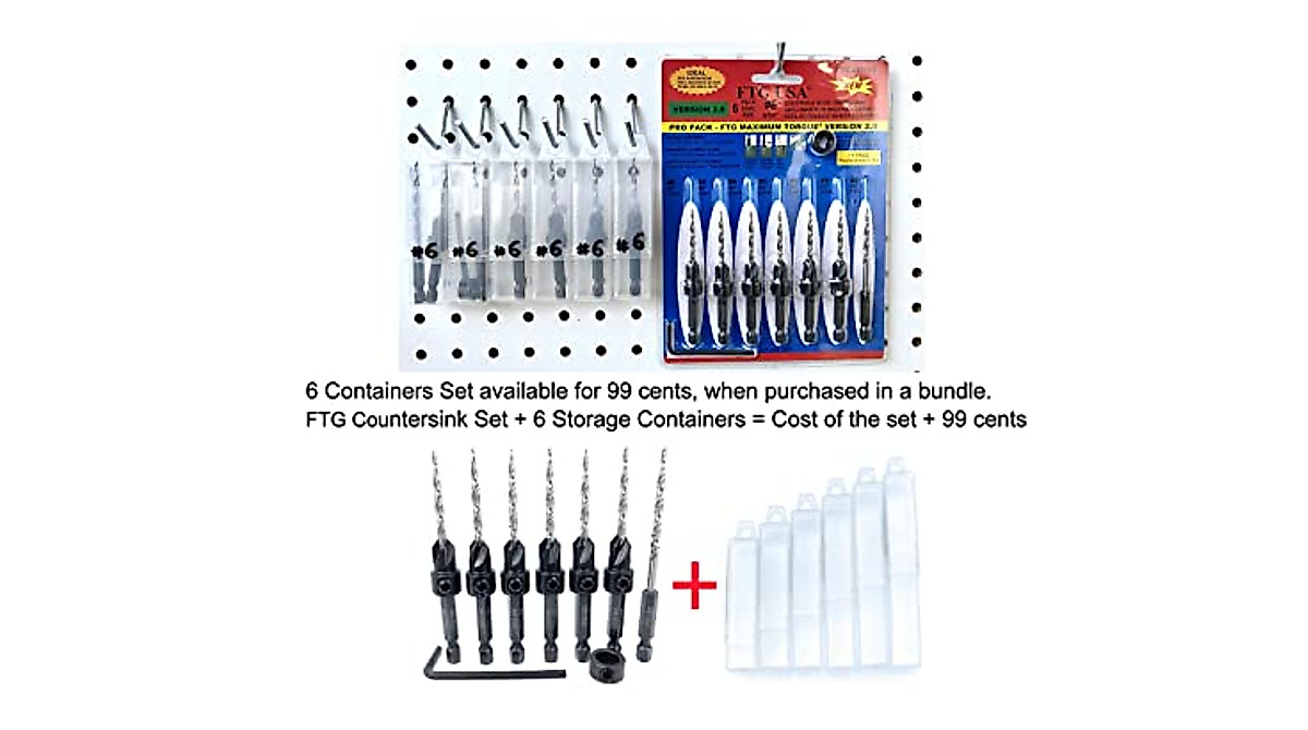 FTG USA #6 (9/64") Tapered Countersink Drill Bit Set – 6-Pack HSS M2 Replacement Bits For Wood With Hex Wrench