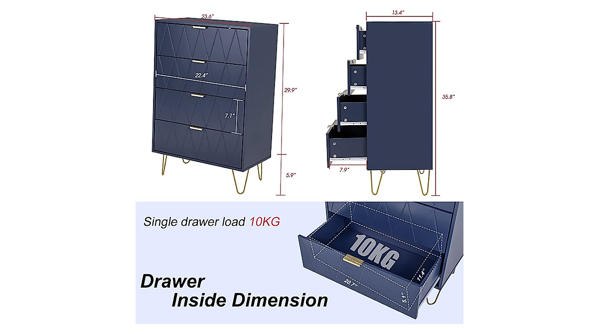 Stylish Navy Blue 4 Drawer Dresser - UEV