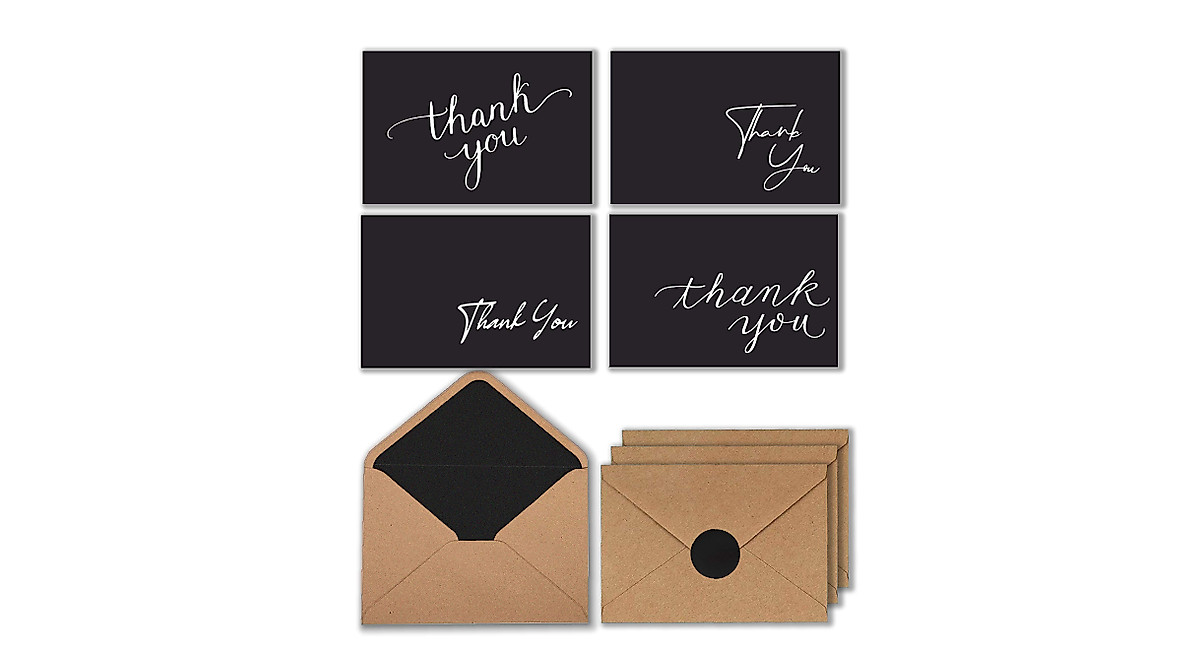 100 Black Thank You Cards with Envelopes & Stickers | Bulk Notes