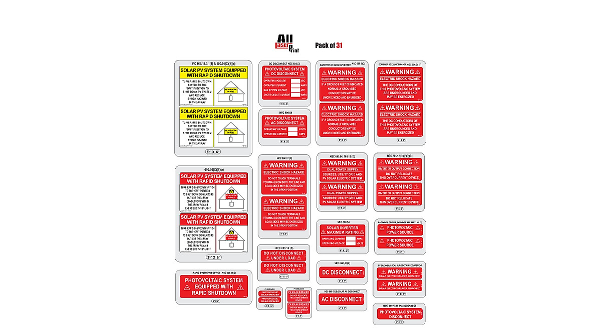 Premium Solar PV Safety Warning Labels - 31 Pack