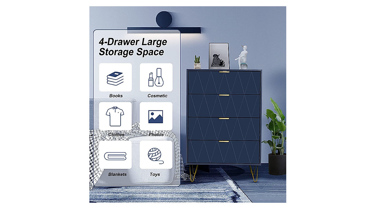 Stylish Navy Blue 4 Drawer Dresser - UEV