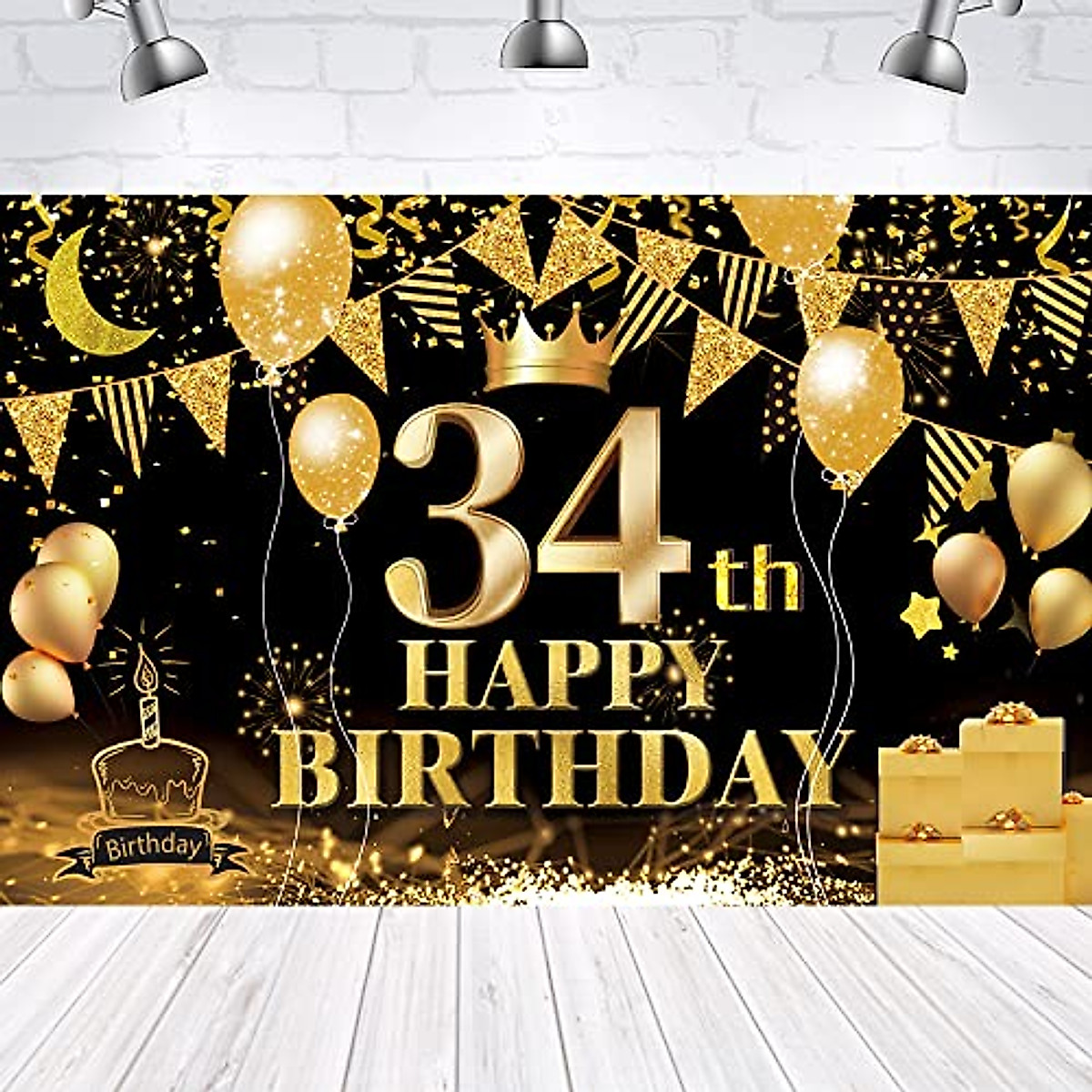 34th Birthday Backdrop Banner Black & Gold - Perfect for Celebrations