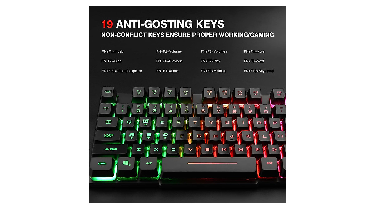 Rii RK100+ Rainbow LED Gaming Keyboard – Large Size & Backlit