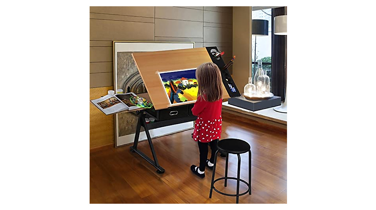 Yaheetech Drawing Table with Storage & Adjustable Height
