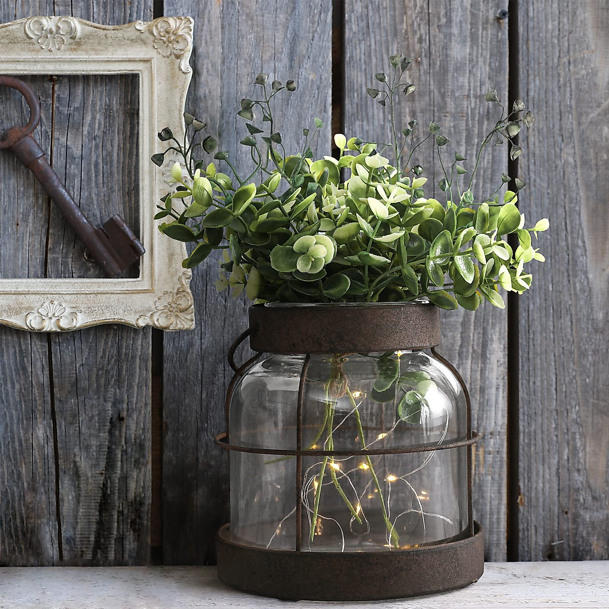Vintage Farmhouse Glass Vase & Rustic Lantern Decor