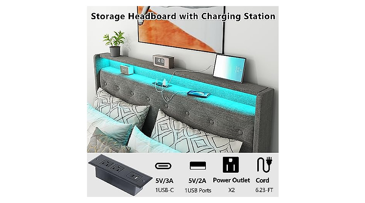 Loomie Queen Bed Frame with Charging Station & LED Lights