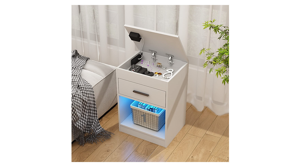 Auromie Nightstand With Charging Station & LED Lights – RFID Lock Hidden Compartment, Power Outlets, USB Ports, Bedside Table In Black