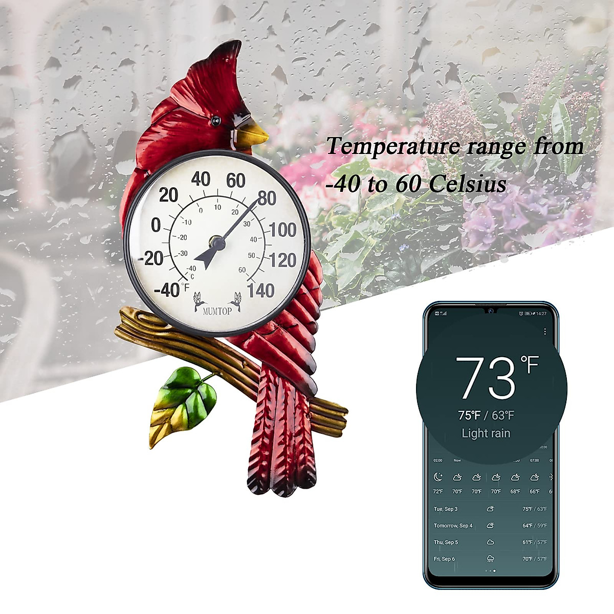 MUMTOP Flower Outdoor Thermometer - Colorful Garden Thermometer With Fahrenheit & Celsius Scales