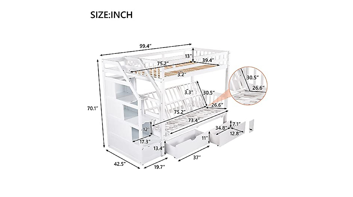 Merax Twin Over Full Bunk Bed with Storage & Convertible Bed