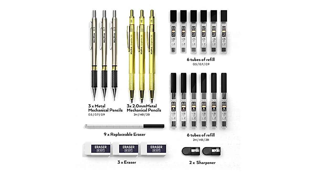 Nicpro Gold Mechanical Pencils Set - Precision Drafting & Sketching Tool