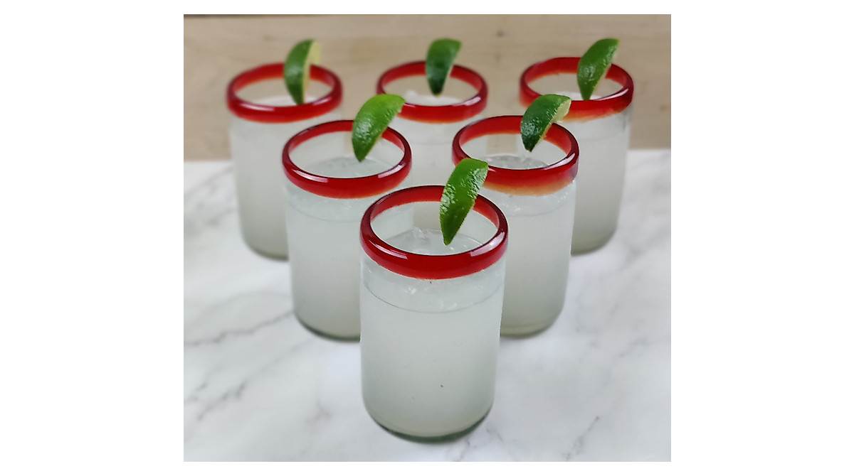 Dos Sueños Hand Blown Mexican Glasses Set of 6 | Classic Red Rims