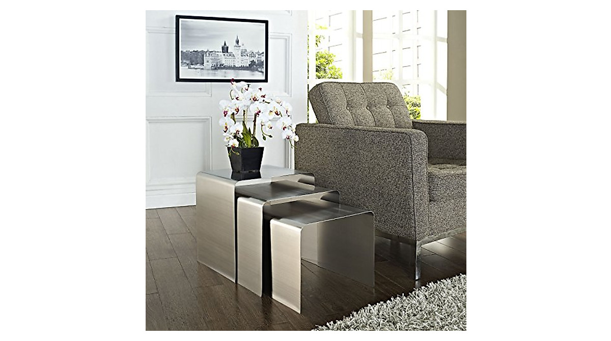 Modway Rush 3-Piece Nesting Tables in Silver | Modern Space-Saving Design