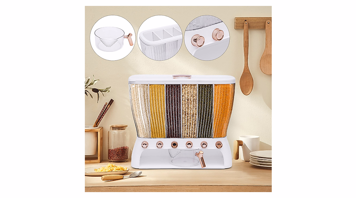 Kaibrite 6-Grid Rice Dispenser - Multi-Function Dry Food Storage
