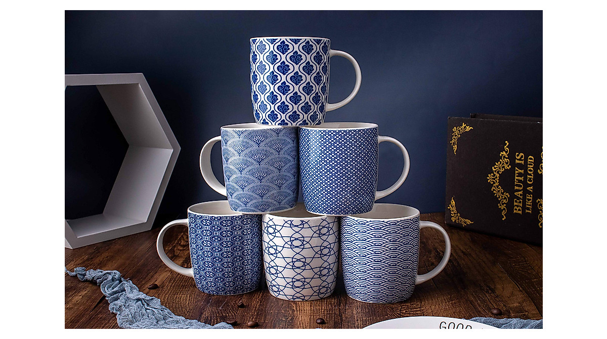 MACHUMA Set of 6 Coffee Mugs with Blue Geometric Patterns - Elegant ...