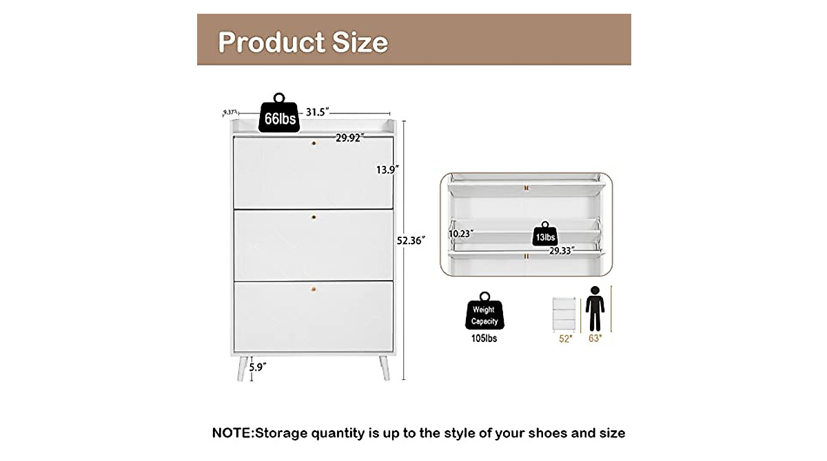 Henf White Wood Shoe Cabinet - Modern Storage Organizer