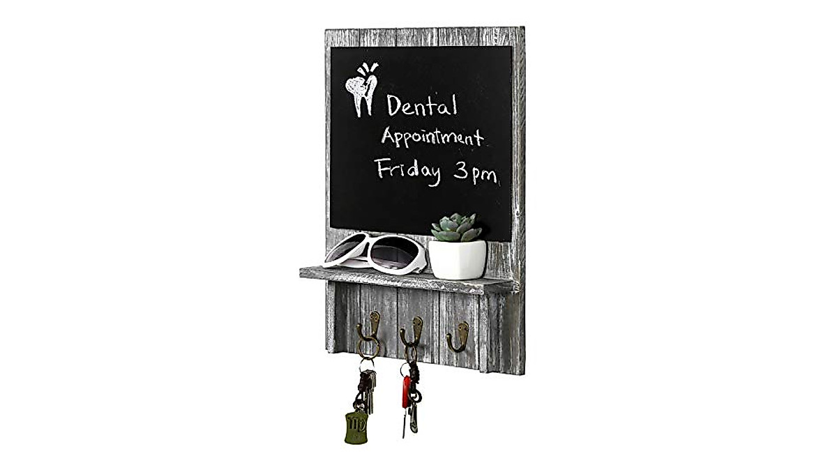 Rustic Gray Wood Key Holder Organizer with Chalkboard