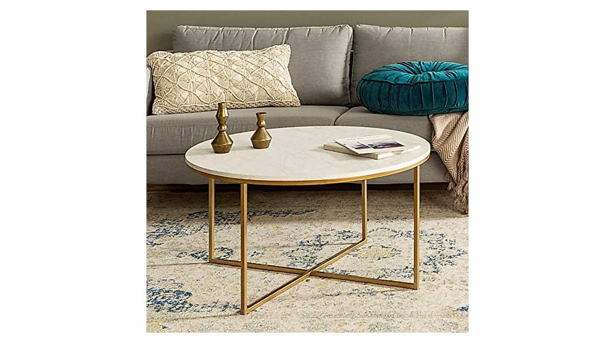 Walker Edison Modern Glam Round Coffee Table with White Marble Top
