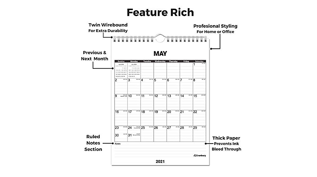 CRANBURY Small Vertical Wall Calendar 2023-2024 - (Seasons), 8.5x11" Hanging Monthly Wall