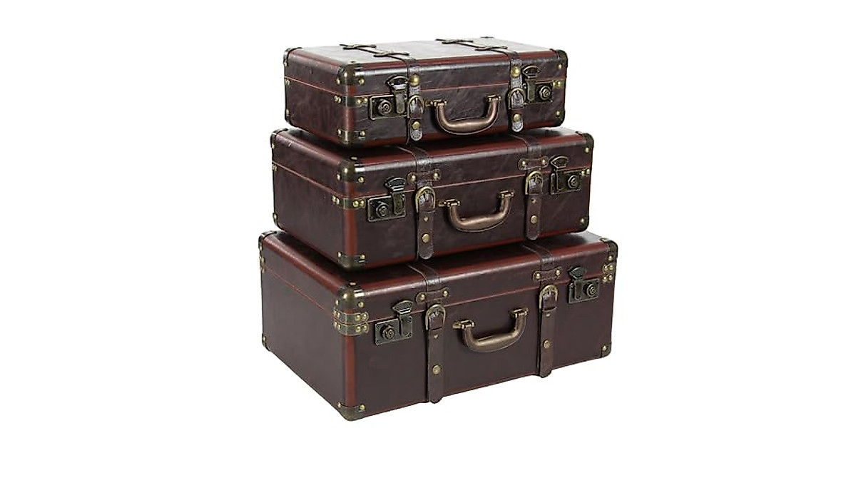 Deco 79 Vintage Faux Leather Trunk Set - Large Decorative Boxes