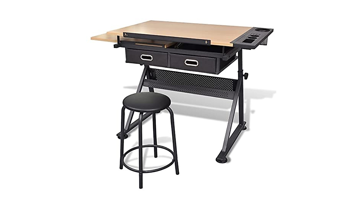 vidaXL Adjustable Drawing/Drafting Table + Stool & Drawers