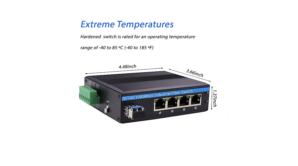Harsh Outdoor 5-Port Gigabit Industrial Switch | DIN-Rail, Fiber LC Uplink, Dual Power, -40°C To 85°C