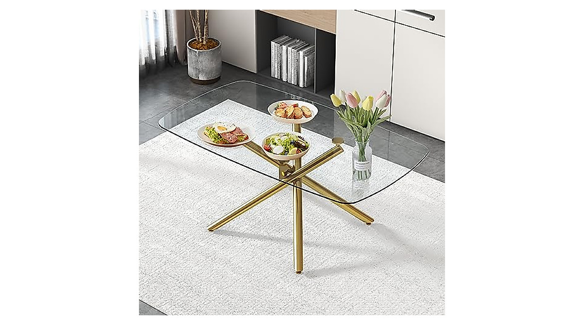 FURNITO Gold Glass Dining Table - Stylish 8-People Oval Kitchen Table