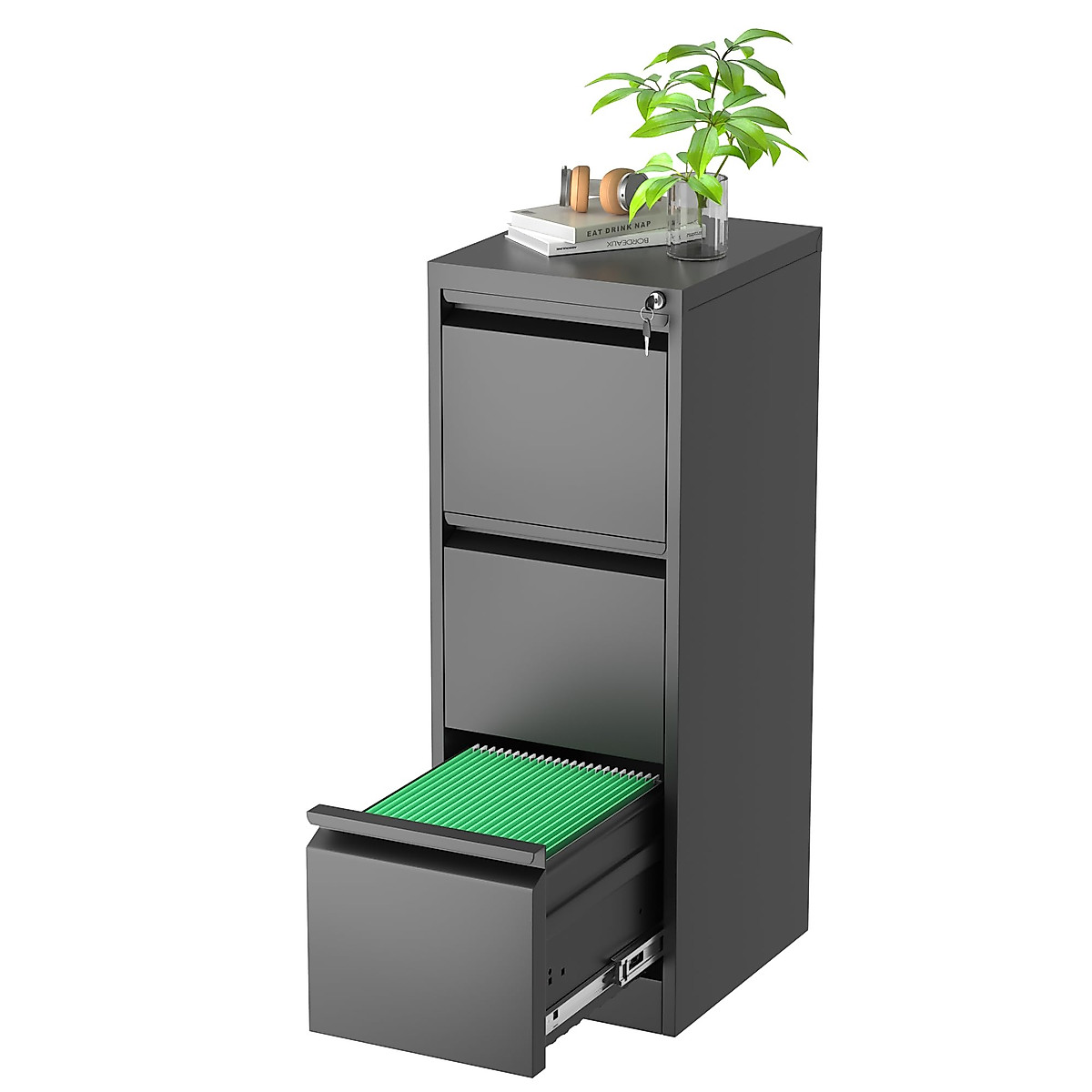 Pataku 3 Drawer Locking File Cabinet - Large Black Metal Storage Solution