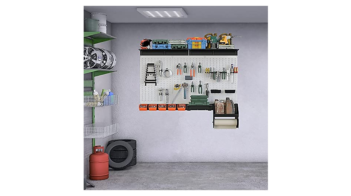 TORACK Pegboard Wall Organizer 4 Ft. Garage Metal Pegboard Organizer Utility Tool Storage Kit With Toolboard Hooks Accessories Wall Mounted Storage Bins Paper Towel Holder Overhead Shelf - View #5
