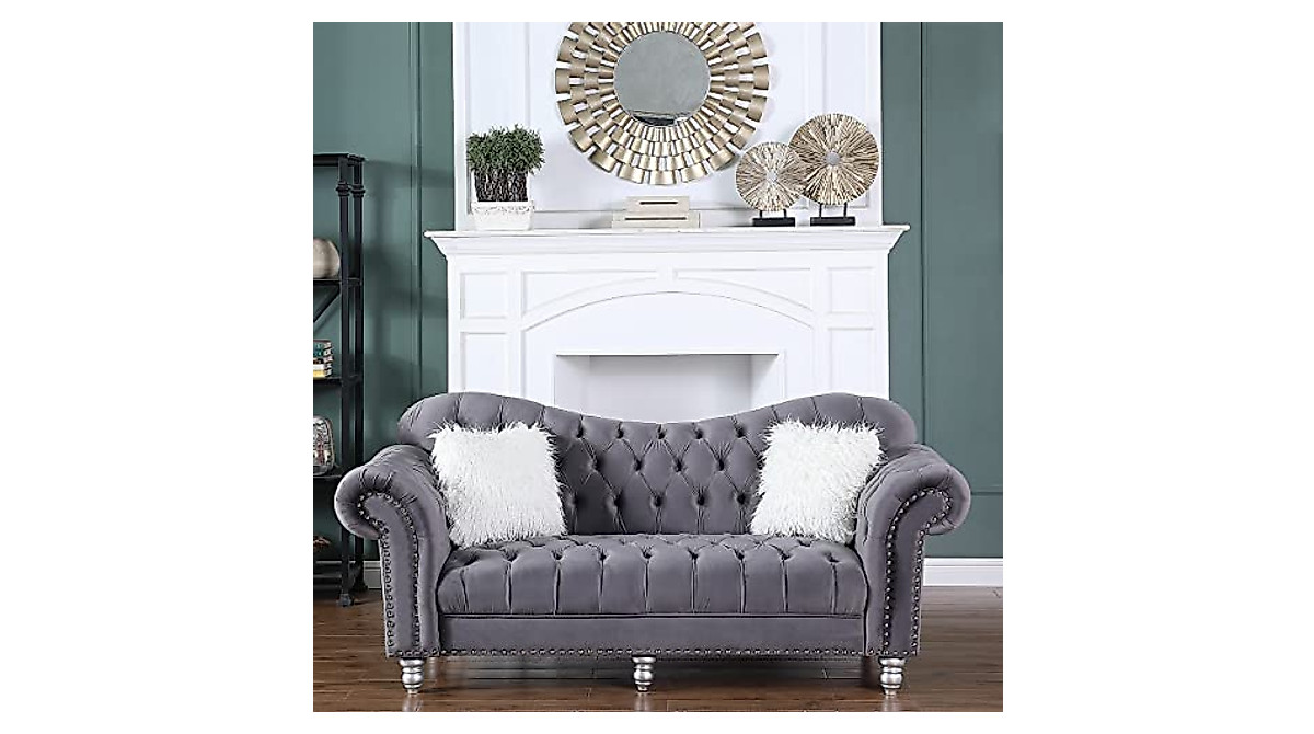 Elegant Chesterfield Sofa - Grey Velvet Living Room Couch