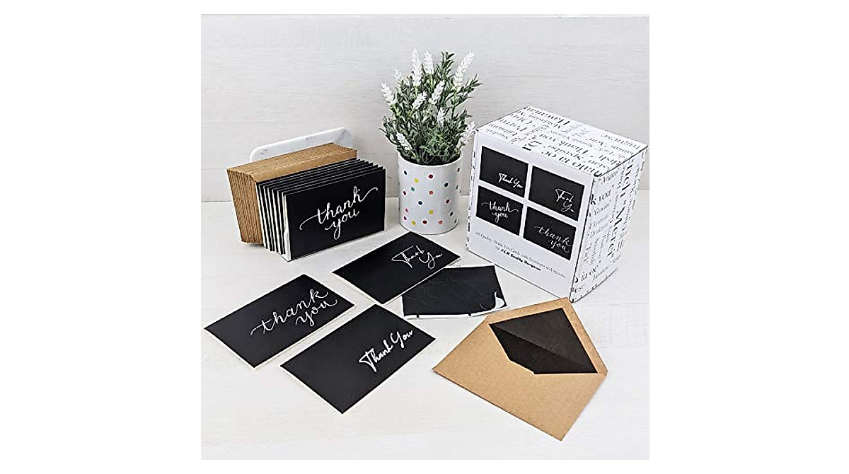 100 Black Thank You Cards with Envelopes & Stickers | Bulk Notes