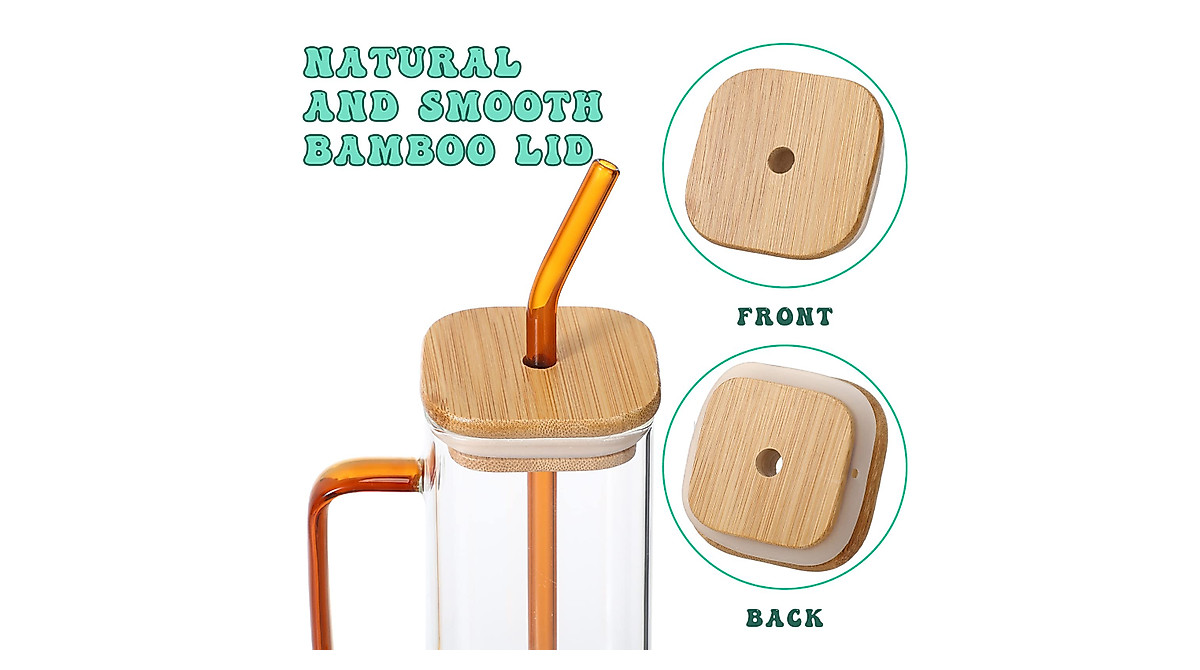 Colorful Glass Cups with Bamboo Lids & Straws - Set of 6