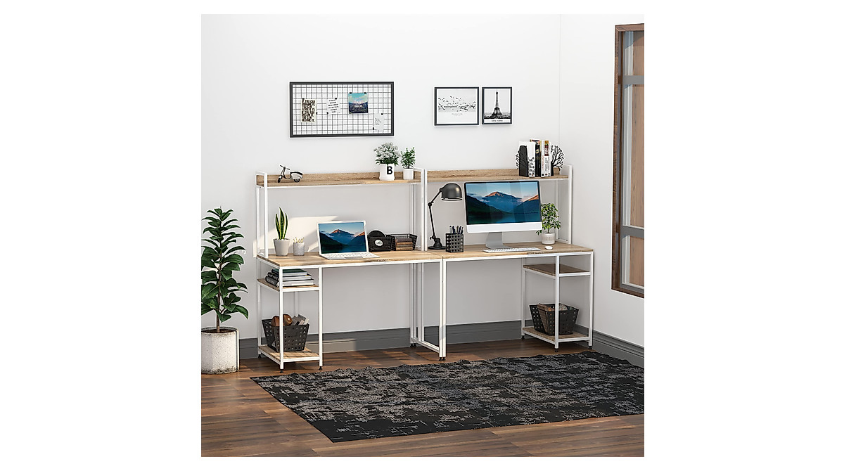 HOMCOM 94.5in Double Computer Desk with Storage Shelves