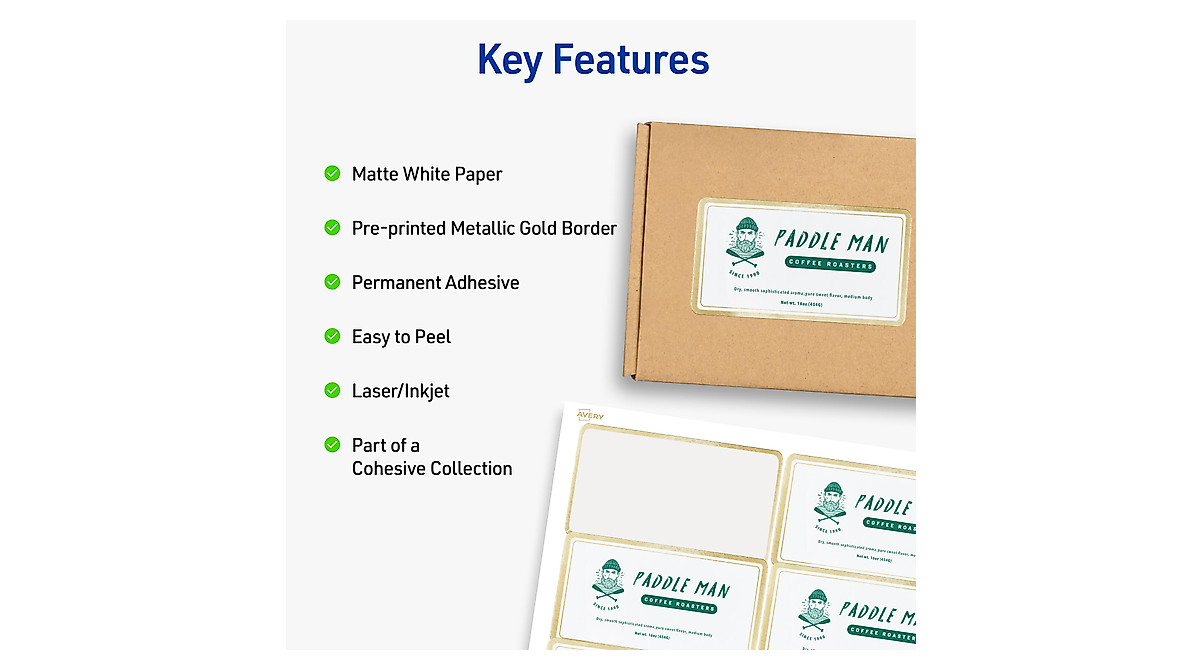 Avery Printable Shipping Labels 2x4 Matte White with Gold Border