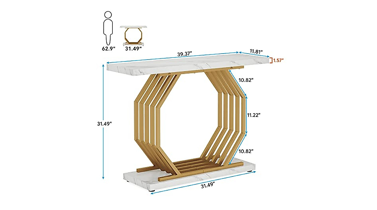 Modern Gold Console Table with Faux Marble Top - 40 Inch Accent Table