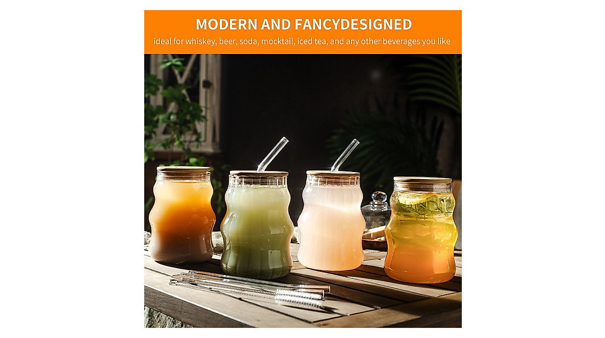 Ribbed Glass Cups Set with Lids & Straws - 18oz
