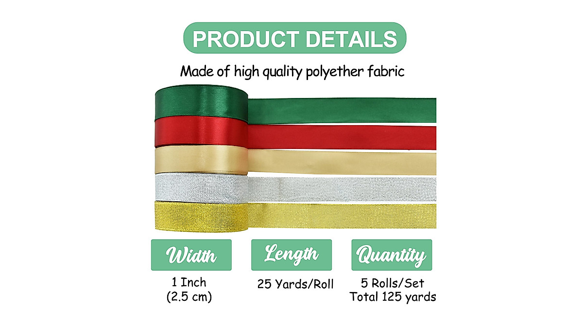 TONIFUL 5-Color Christmas Ribbon Set | Satin Wrapping Ribbons 125 yds