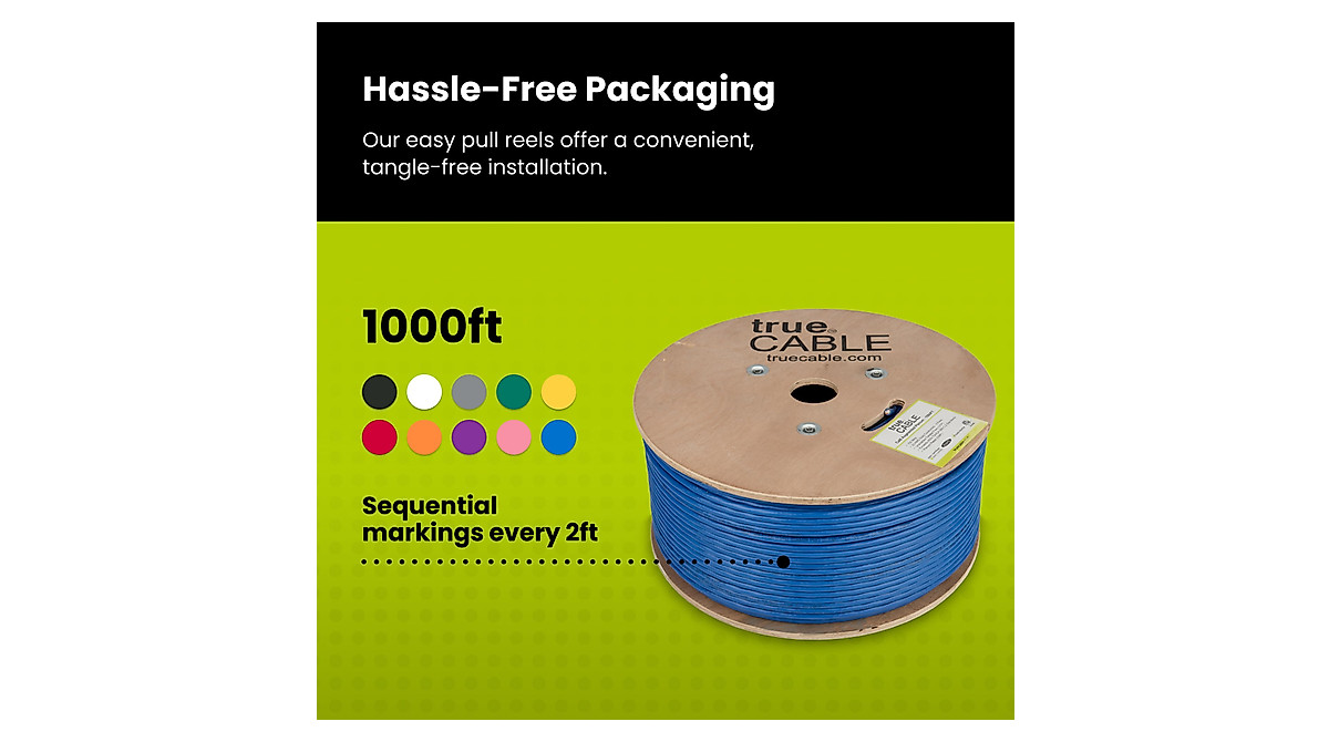Truecable Cat6A Plenum  Cmp , 1000Ft, Blue, 23Awg 4 Pair Solid Bare Co 750mhz Poe 4ppoe Etl Listed Unshielded Twisted Pair Utp Bulk Ethernet Cable - View #10