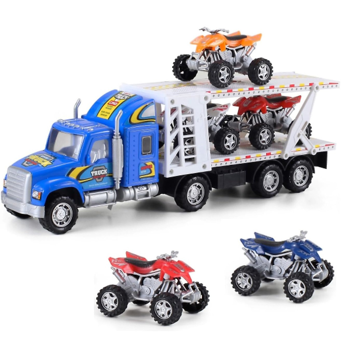 Auto Hauler Big Rig Toy Truck with 4 ATVs - Kids Vehicle Playset